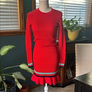 3.1 Phillip Lim Red Long Sleeve Dress with Blue and Green Accents